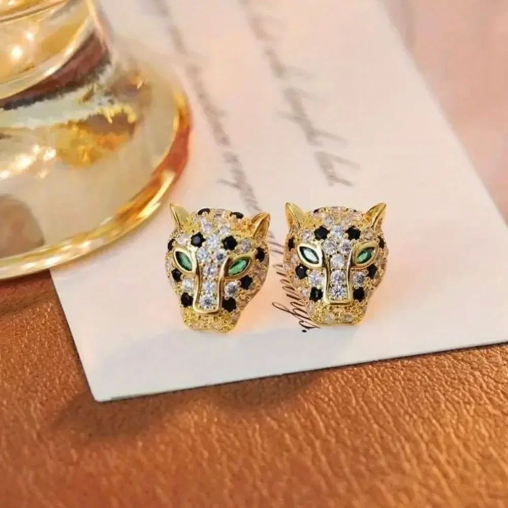 18K Gold Pavé Diamond Panther Designer Inspired Stud Earrings